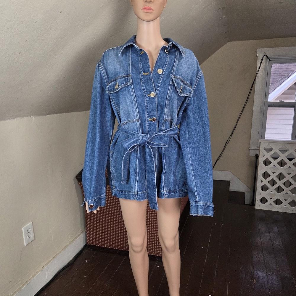 PINKO Blue Denim Jacket with Tie Belt 100% Cotton Made in Italy Women’s US 4 EU